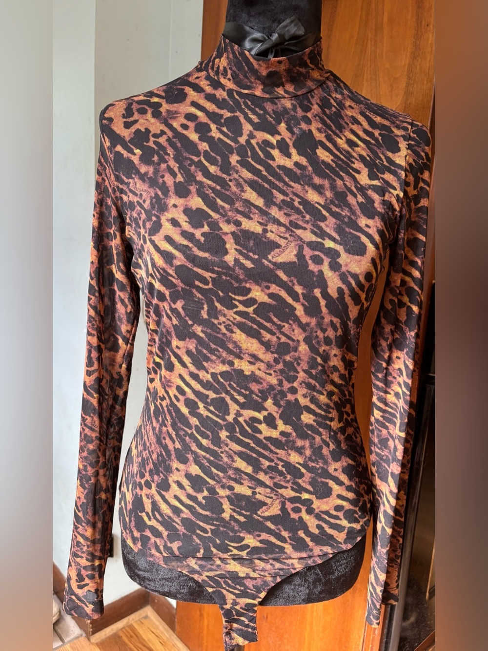AllSaints Brown and Orange Animal Print Mock Neck Long Sleeve Top